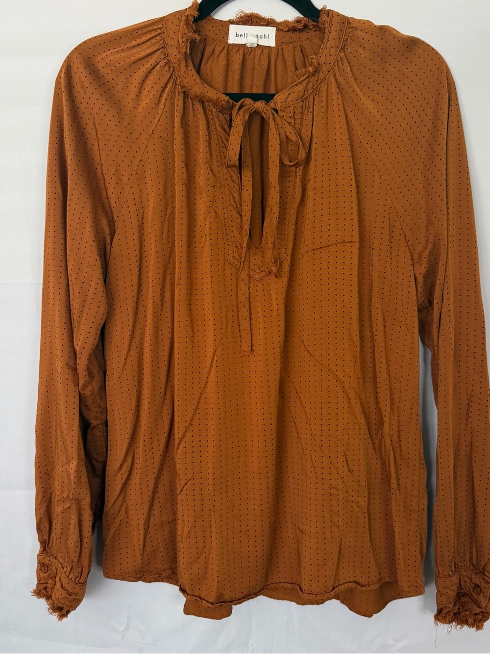 Bella Dahl Women's Medium Long-sleeved Tie-Neck Blouse Rust & Black Polka Dots
